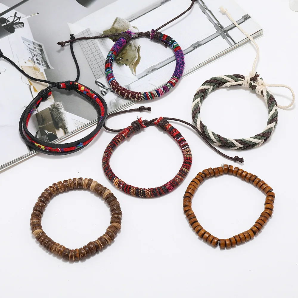 Wrap Bracelets For Men & Women - Hemp Cord & Wood Bead Tribal Bracelets - Adjustable Leather Wristbands (Set Of 8)