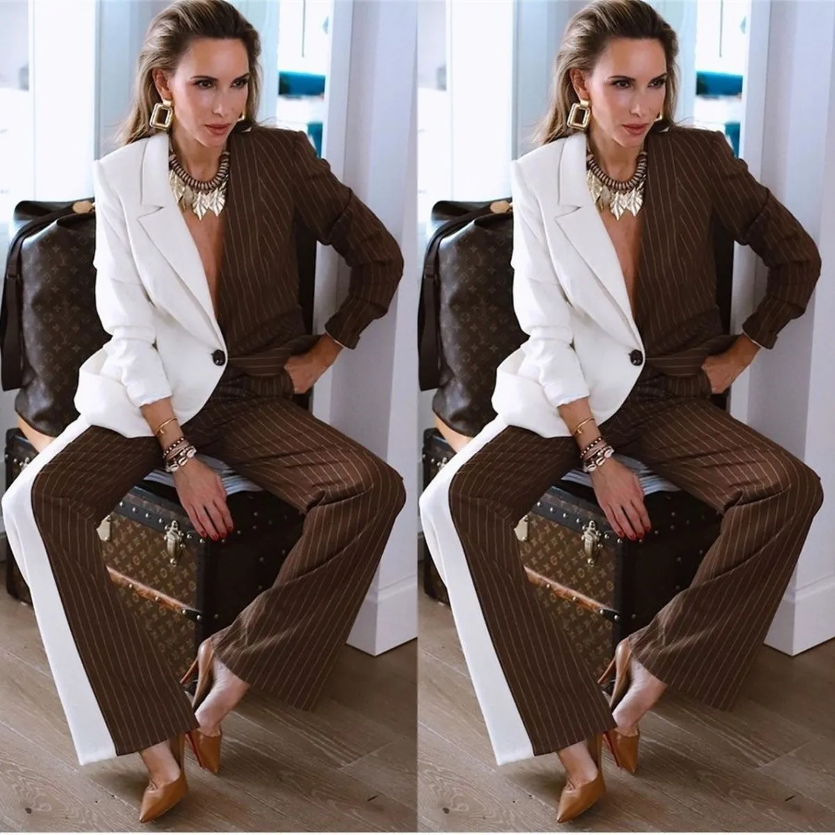 

Pinstripes 2 Pieces Women Suit Set Fashion Stitching Color Blazer+Pants Party Prom Dress Designer Office Lady Custom Made