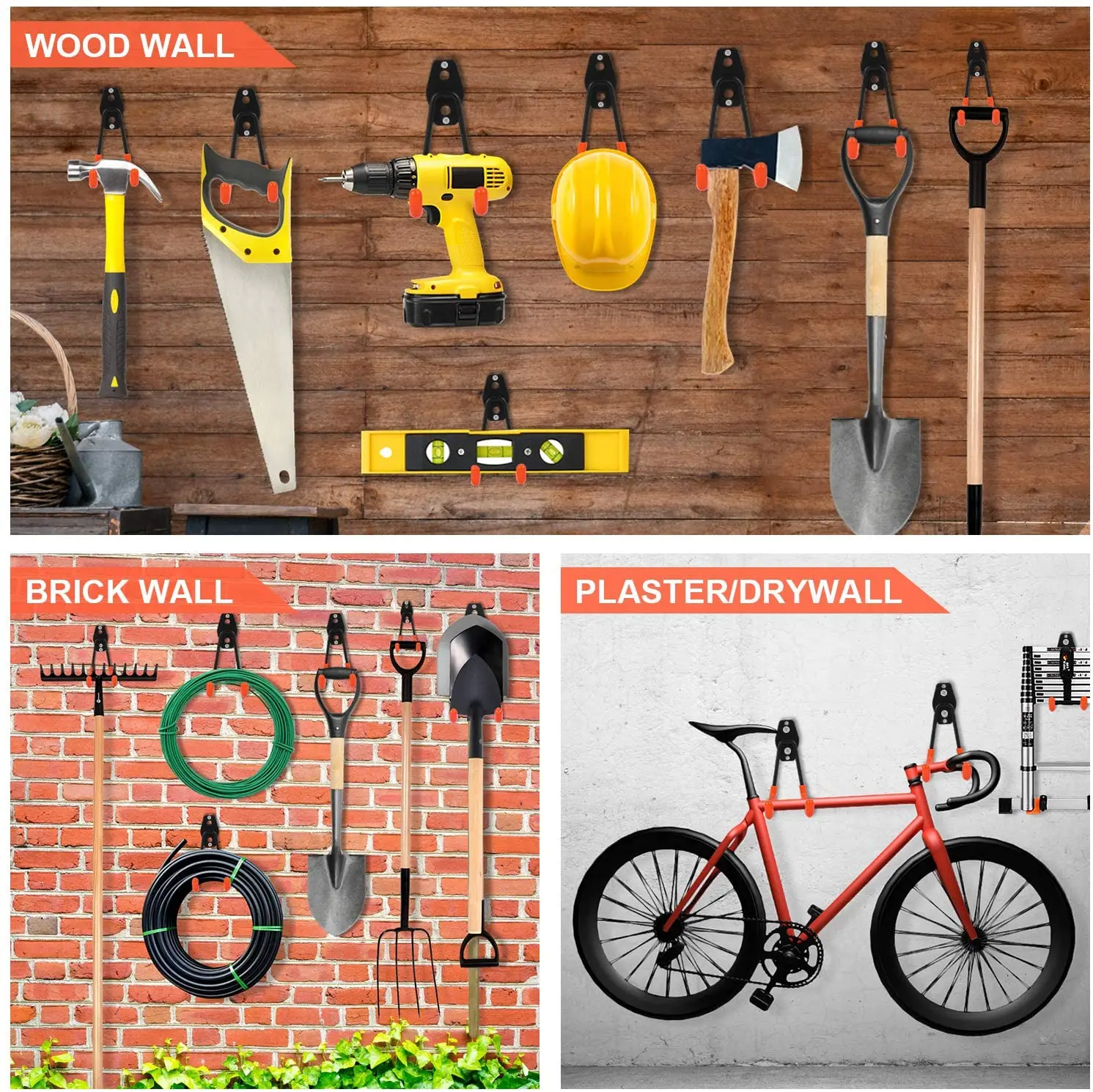 Heavy Duty Wall Mount Garage and Garden Tool Organizer with Anti-Slip Metal Hooks