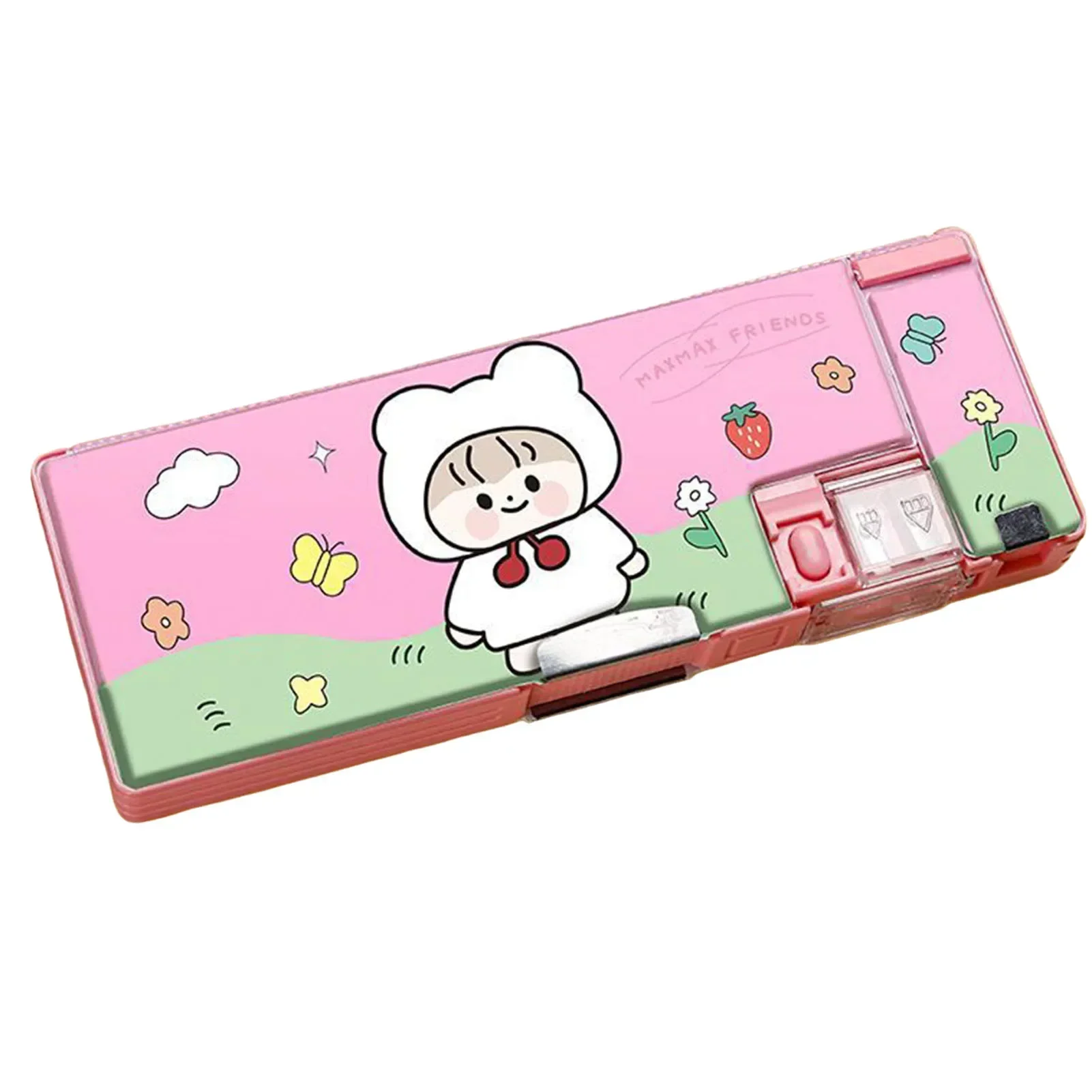 Magnetic Pencil Case Plastic Stationery Box with Magnetic Cover Dual-hole Sharpener for Pencils Erasers Clips