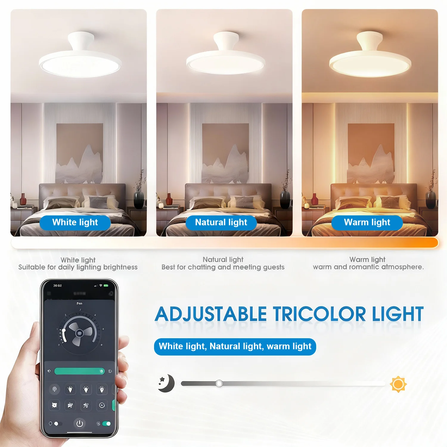 Silent Ceiling Fan Light for Bedroom Decorative Lighting Lamp Air Invisible Blade Retractable Smart Ceiling Fan with Light