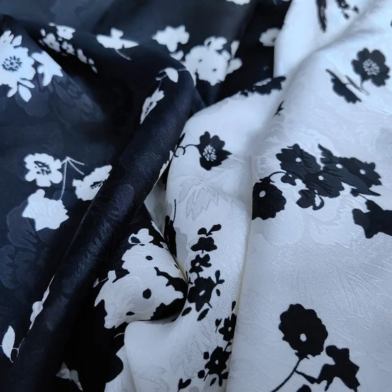 Black White Embroidered Satin Print Fabric for Dresses Cheongsam Traditional Chinese Style Spring Hot Sale Of The Season Fashion