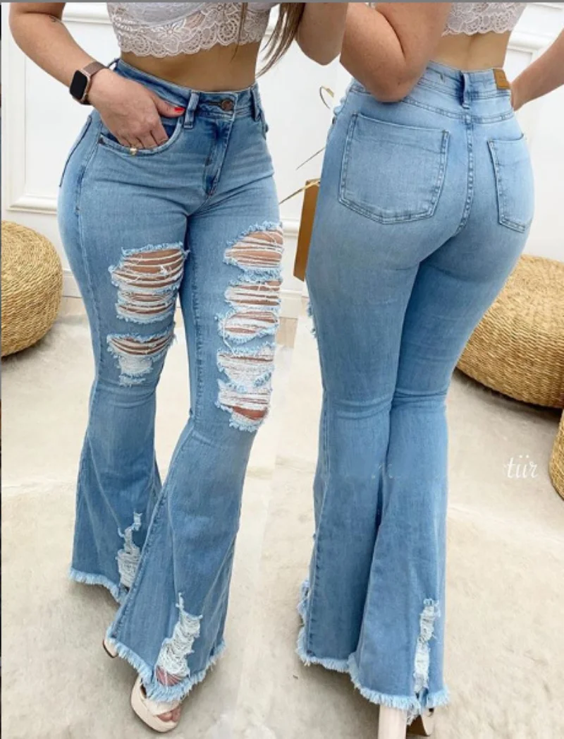 Summer Women's Star Print Sexy Ripped Fringed Jeans 2023 Summer Plus Size High Waist Slim Elegant Flared Jeans Harajuku Pants