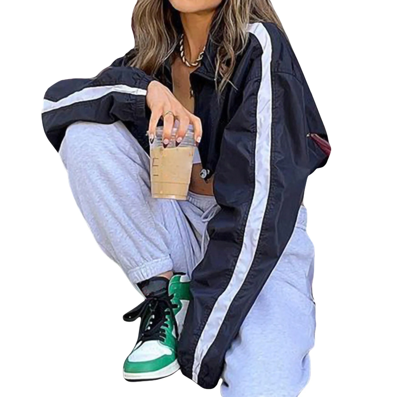 

Women Vintage Y2K Goth Grunge Cropped Jacket Long Sleeve Turn-down Collar Contrast Color Zipped Coat Daily Outwear