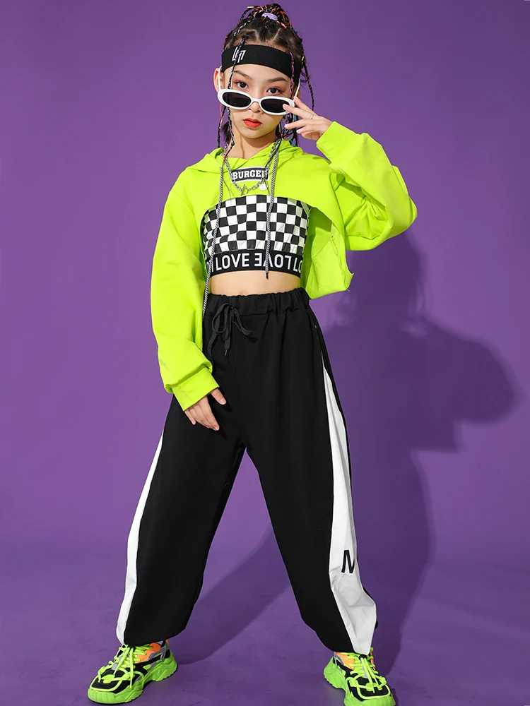 Kids Hip Hop Clothing Girls Modern Jazz Dance Costume Green Long Sleeves Tops Black Pants Streetwear Concert Stage Outfit BL9011