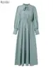 ZANZEA Women Luxury Maxi Dresses Elegant Modest Ruffled Collar Tied Waist Long Sleeve Long Dress Muslim Hijabs Abaya Robes S-3XL