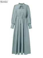 ZANZEA Women Luxury Maxi Dresses Elegant Modest Ruffled Collar Tied Waist Long Sleeve Long Dress Muslim Hijabs Abaya Robes S-3XL