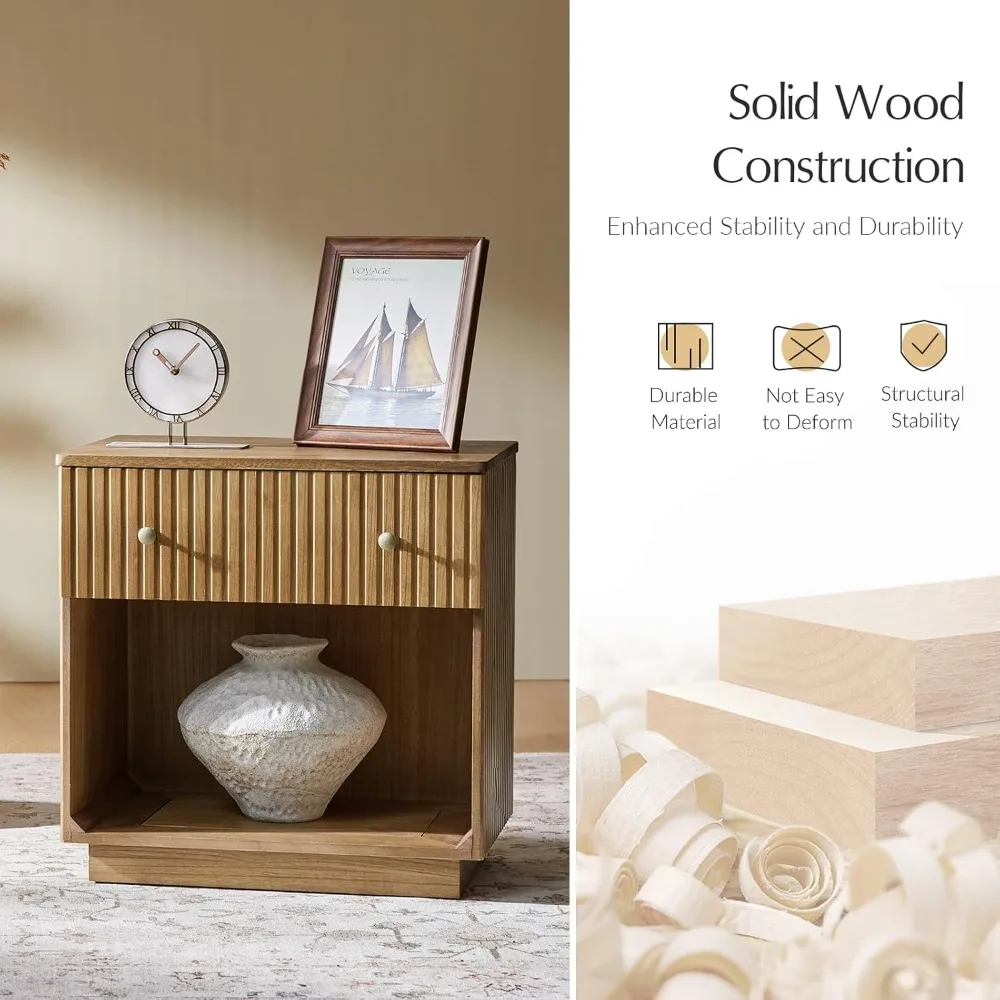 Modern Solid Wood Nightstand Set of 2 with Charging Station and Hidden Drawer, Farmhouse Bedside Table with Vertical Stripes De 3