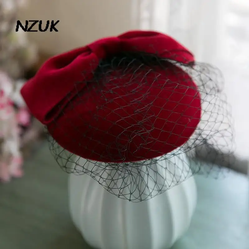 

2022 French Wine Red Felt Wedding Fascinator HatBow Veils Fedora Hat Womens Hats For Church Cocktail Party Derby Hats