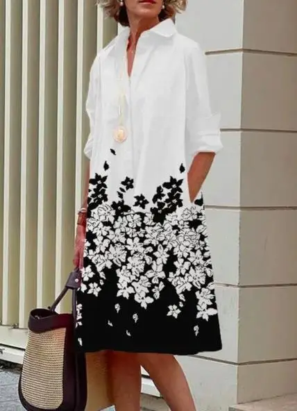 

Dresses for Women 2023 Summer New Casual Fashion Print Simple Polo Collar Medium Long Sleeve Dress Temperament Commuter
