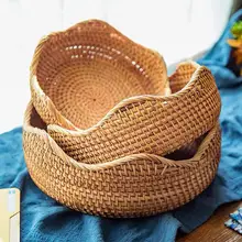 

Round Rattan Woven Storage Basket Fruit Bread Food Kitchen Home Decor Organizer