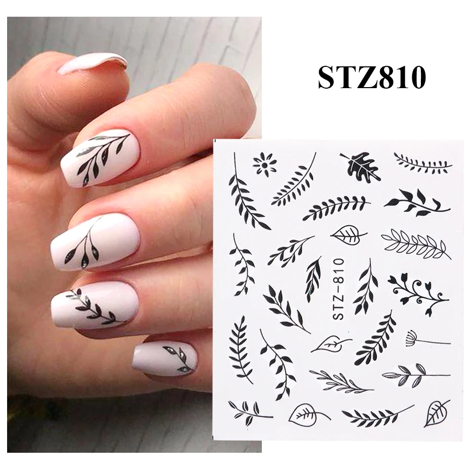 Nail Stickers 1pc Black Green Flower Leaf Water Nail Stickers Decals Mixed Floral Watermarks Manicure Sliders Nail Art Decoration NFSTZ808-844