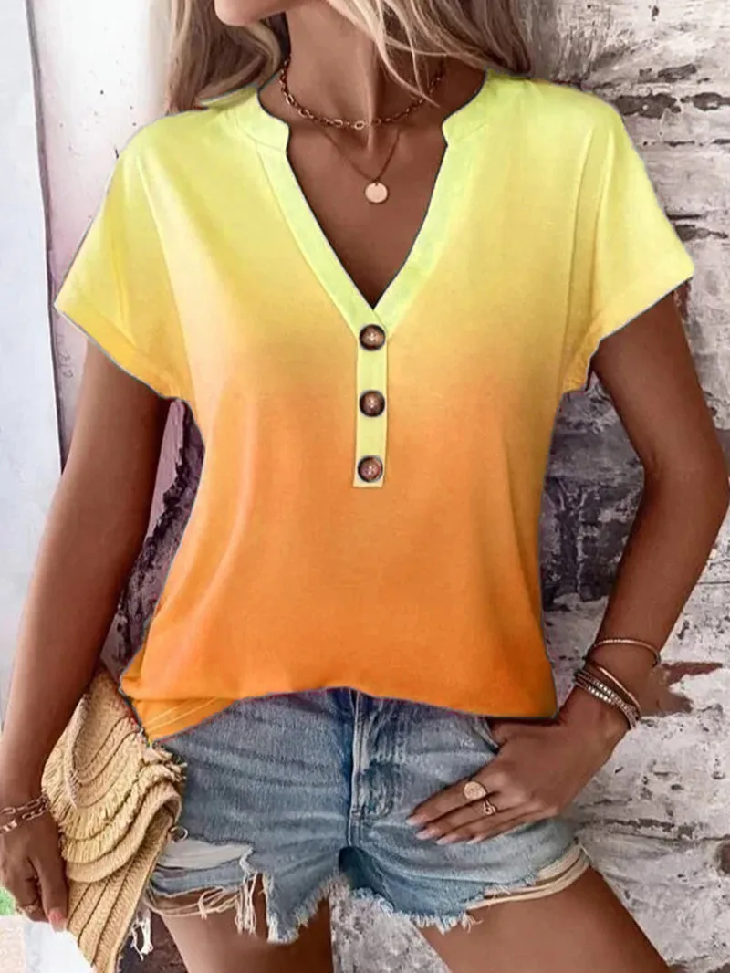 

Fashion Women Bloues 2023 Summer Product Gradient Print Button Casual Short Sleeve Women's T-shirt Pullover Basics Tee Y2k Top