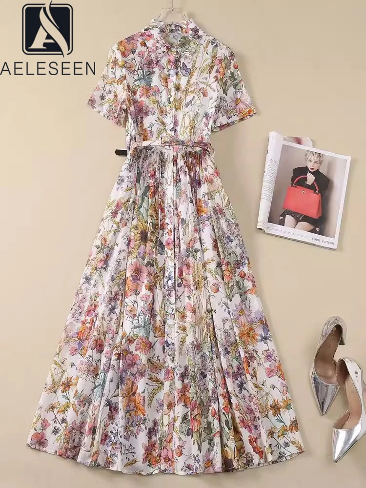 

AELESEEN 100% Cotton Summer Dress Women Design Fashion Turn-down Collar New Arrival Belt Single-breasted Flower Print Elegant