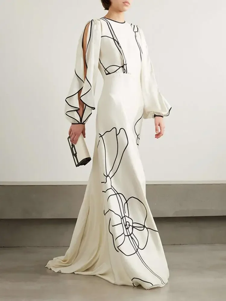 UOOZEE Elegant Party Evening Dresses 2025 Women Summer Fashion Flower Printed Ruffled Sleeves Falbala Wedding Banquet Dress