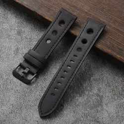 Vintage Genuine Crazy Horse Leather Watch Strap - Retro Porous Design in Multiple Sizes - 22mm (Black)
