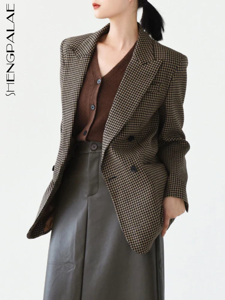 

SHENGPALAE Autumn 2023 New Houndstooth Blazers For Women Fashion Notched Collar Double Breasted Temperament Suit Jacket 5R6655