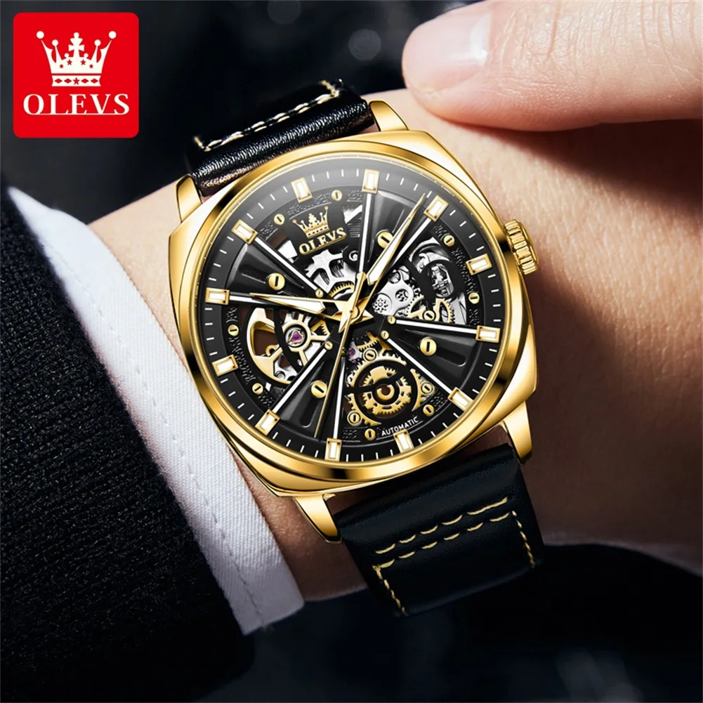 OLEVS 6685 Man Watch Waterproof Luminous Luxury Automatic Dress Leather Wristwatch Hollow Skeleton Mechanical Watch For Men