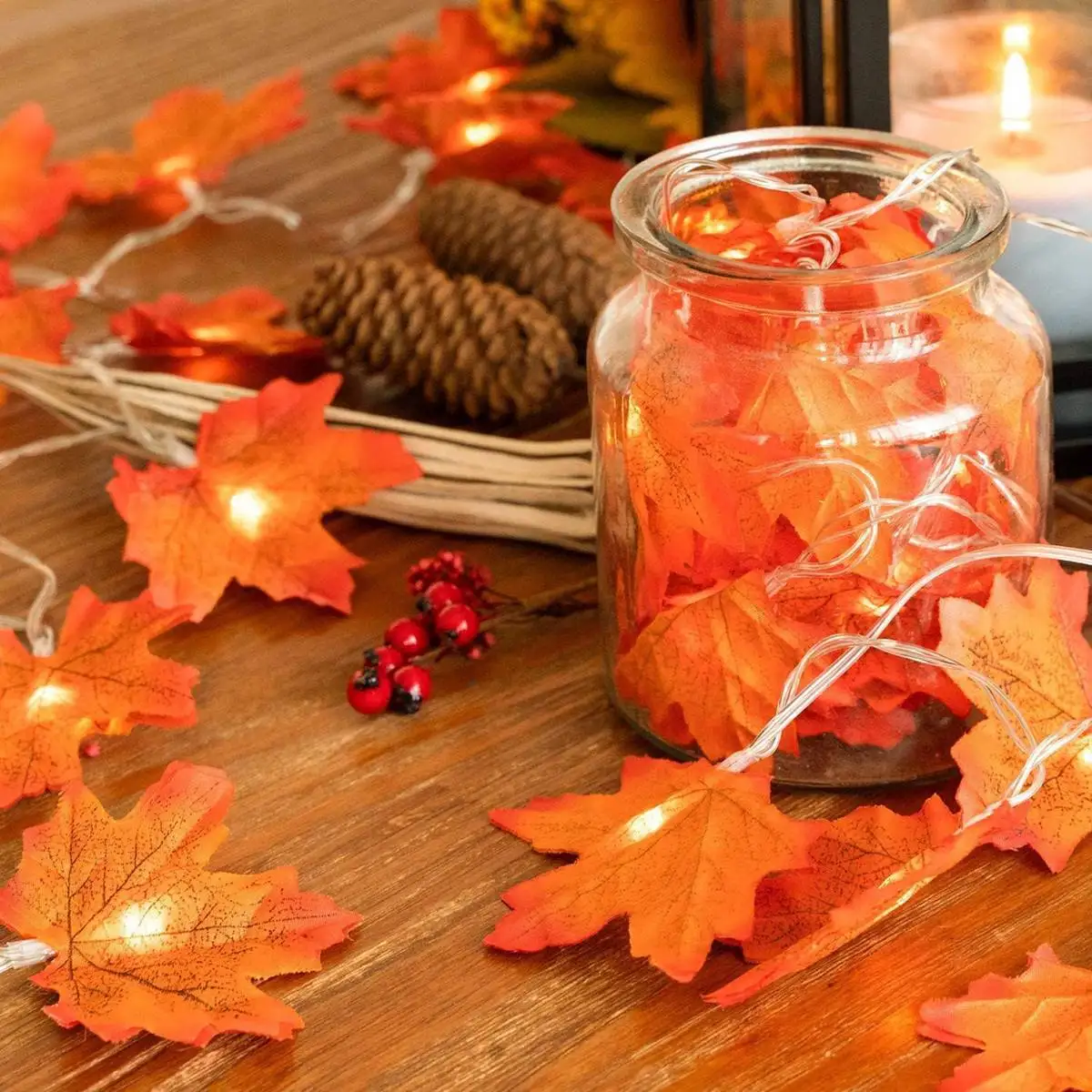 DIY maple leaf string lights on wall