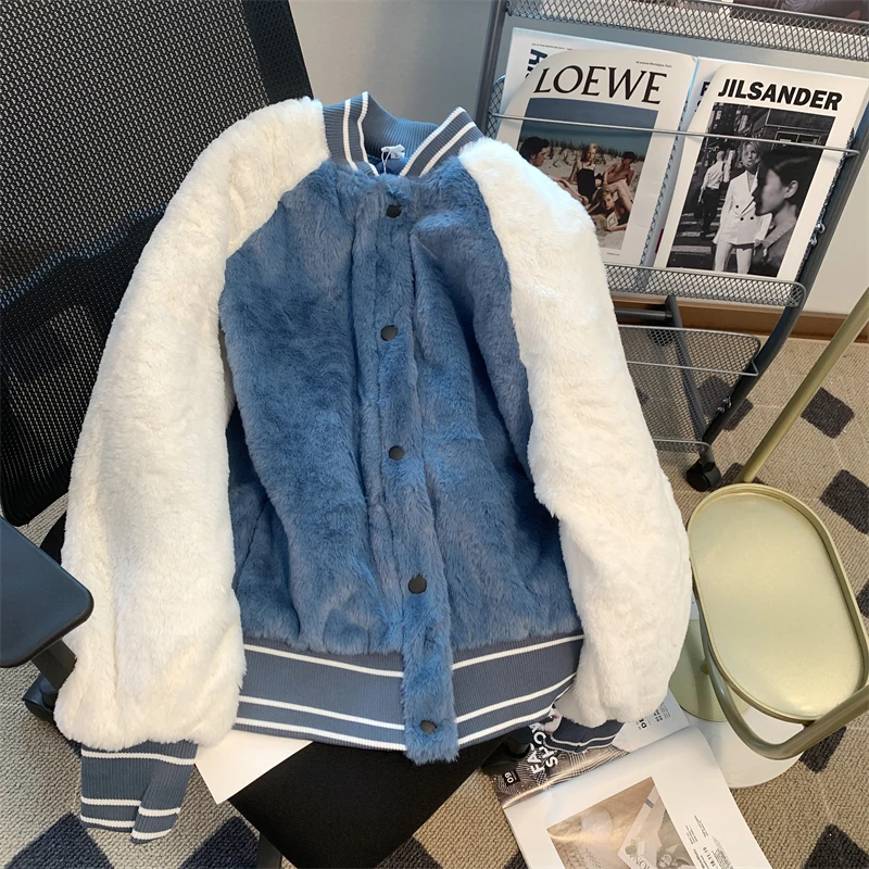 

2023 Women's Winter Jacket Blue Splicing Y2K Baseball Women Faux Teddy Fur Coat Basic Female Fashion Vintage Harajuku Kawaii