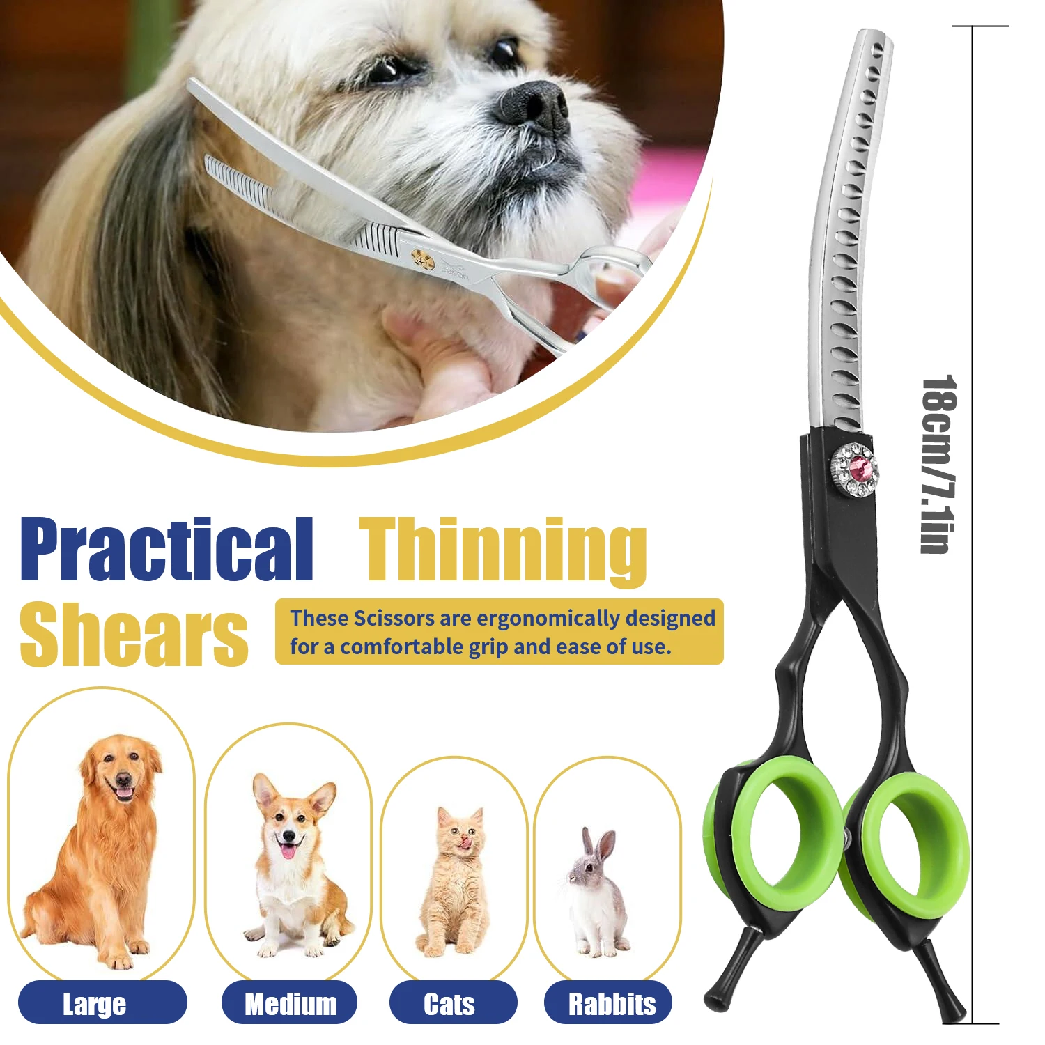 Dog Grooming Scissors Dog Grooming Scissors Kit Pet Grooming Scissors Curved Thinning Shear Dog Hair Chunker and Thinning Scissor Black Stainless Steel Pet Shear