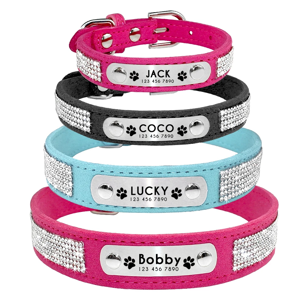 Personalized Dog Cat Collar Adjustable Cat Crystal Collars Anti-lost Leather Puppy Cats Necklace Bowtie Rhinestone Accessories 2