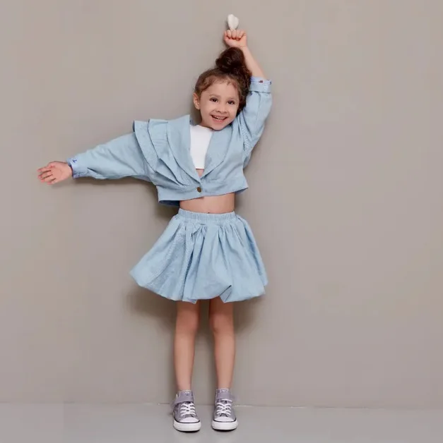 2025 الأوروبية والأمريكية الربيع والخريف الفتيات القطن واحد الوجهين معطف الدانتيل البتلة نصف تنورة الأطفال قطعتين مجموعة