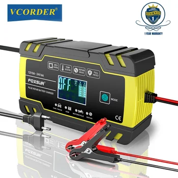 FOXSUR-3 단계 자동 자동차 충전기 VCORDER 12V 배터리, 24V 8A 트럭 용 스마트 배터리 충전기