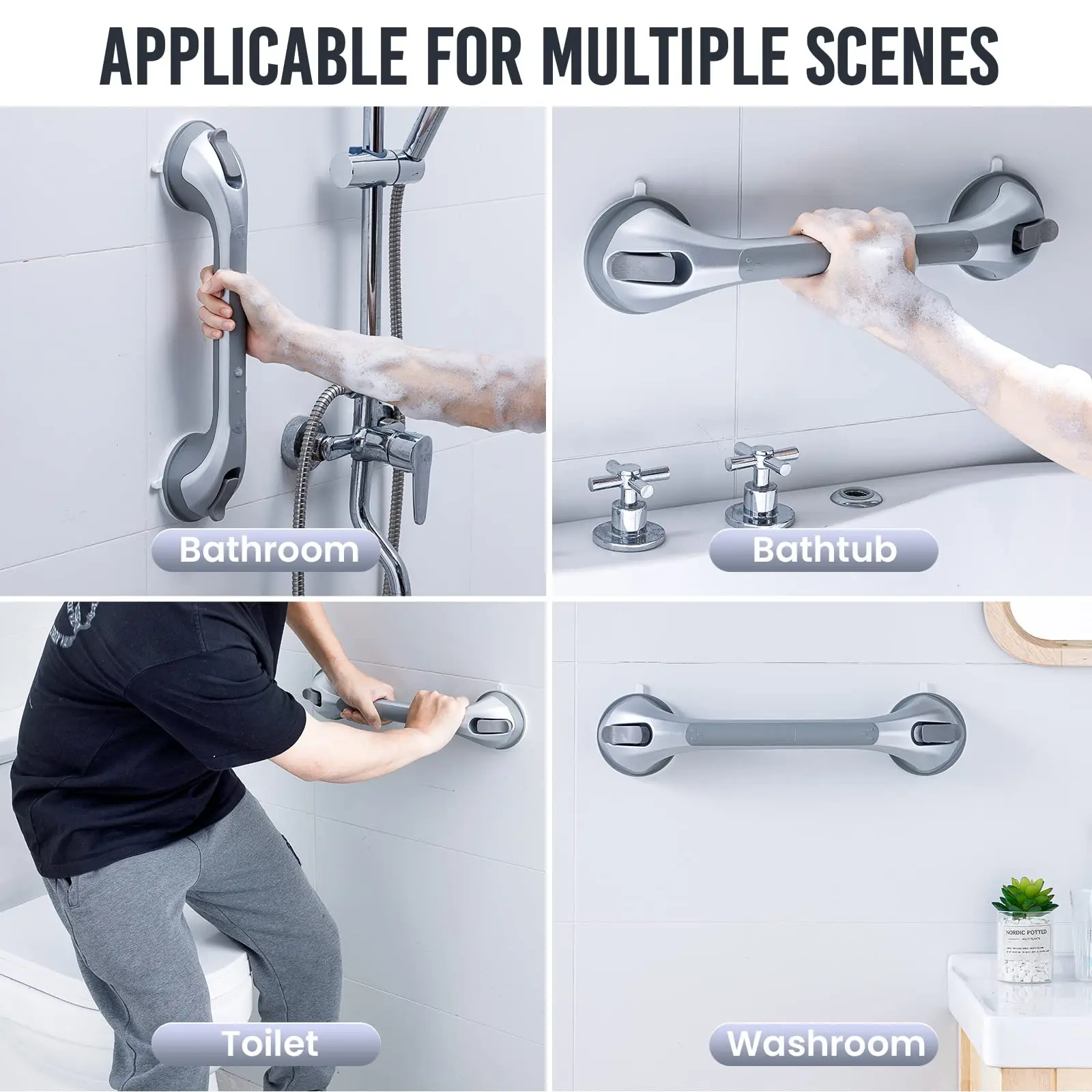 The Shower Grab Bar with Suction offers safe and convenient support in various locations, including bathrooms, bathtubs, showers, toilets, and kitchens. It helps users maintain balance and stability in these areas.