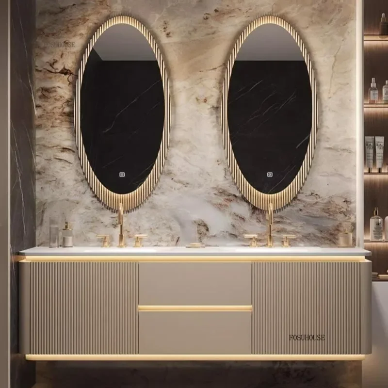 ชุดตู้ห้องน้ำสุดหรู ดีไซน์ทันสมัย พร้อมอ่างล้างหน้าแบบเดี่ยวหรือคู่ วัสดุไม้โอ๊คนอร์ดิก พร้อมลิ้นชักเก็บของ กระจก และอ่างล้างหน้าแบบแผ่น 1