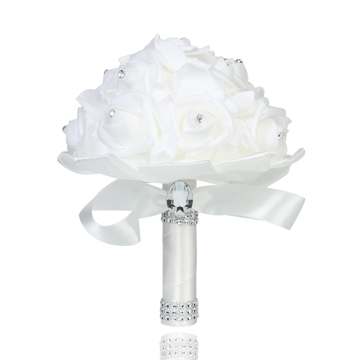 1Pc Rose Bouquet Wedding PE Foam Flower Ribbon Simulation Bouquet Faux Crystal Party Church Decor Wedding Bouquets Artificial Rose Flowers Wedding Flower Decoration