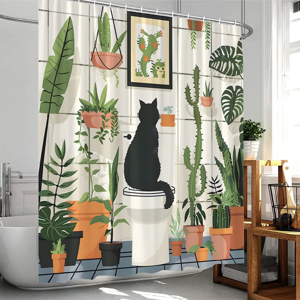 Plant Shower Curtain Cats Green Potted Plants Leaves Cat on the Toilet Modern Bathroom Decor Polyester Fabric Bathtub Curtain shower curtains