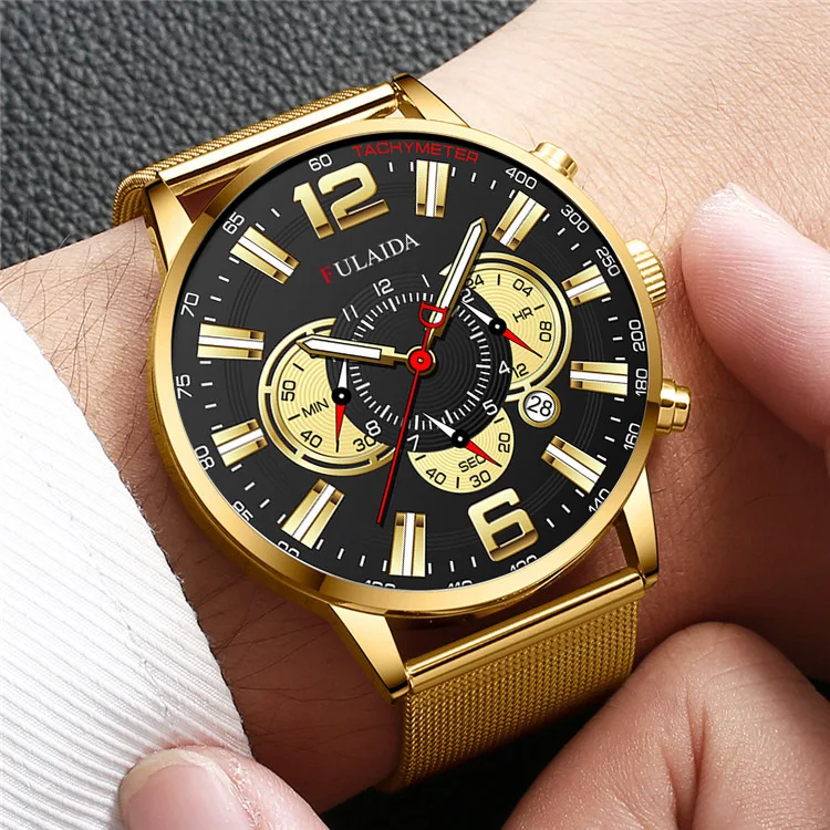 Men's Fashion Business Calendar Watches Luxury Stainless Steel Mesh Belt Analog Quartz Watch Business Luminous Wristwatch Clock