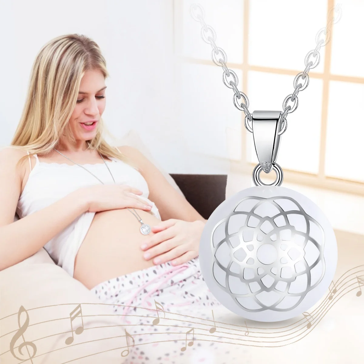 BOLA Collana gravidanza con pendente Harmony Ball Gioiello Musicale per donne Incinte in Maternità con Catenina ad Ala d'Angelo e Bola. (114 CM, BLANC.2-ARGENT