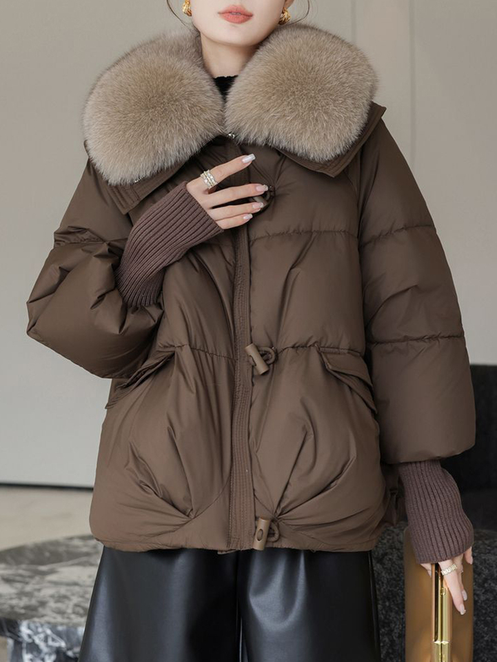 Women's Long Sleeve Lapel down Coat Autumn Winter Streetwear French Plain Regular Fit Cotton Outerwear