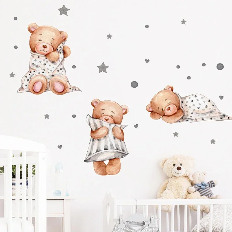Cartoon Bear Good Night Kids Wall Stickers Baby Room Children Bedroom Wall Decals Clouds Moon Home Decoration Nursery Wallpaper