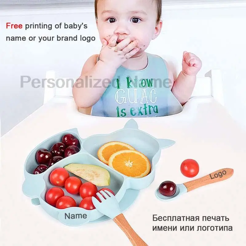 Free Custom Logo Baby Soft Silicone Sucker Bowl Plate Non-slip Squirrel Spoon Fork Sets Children's FeedingTableware  BPA Free 3