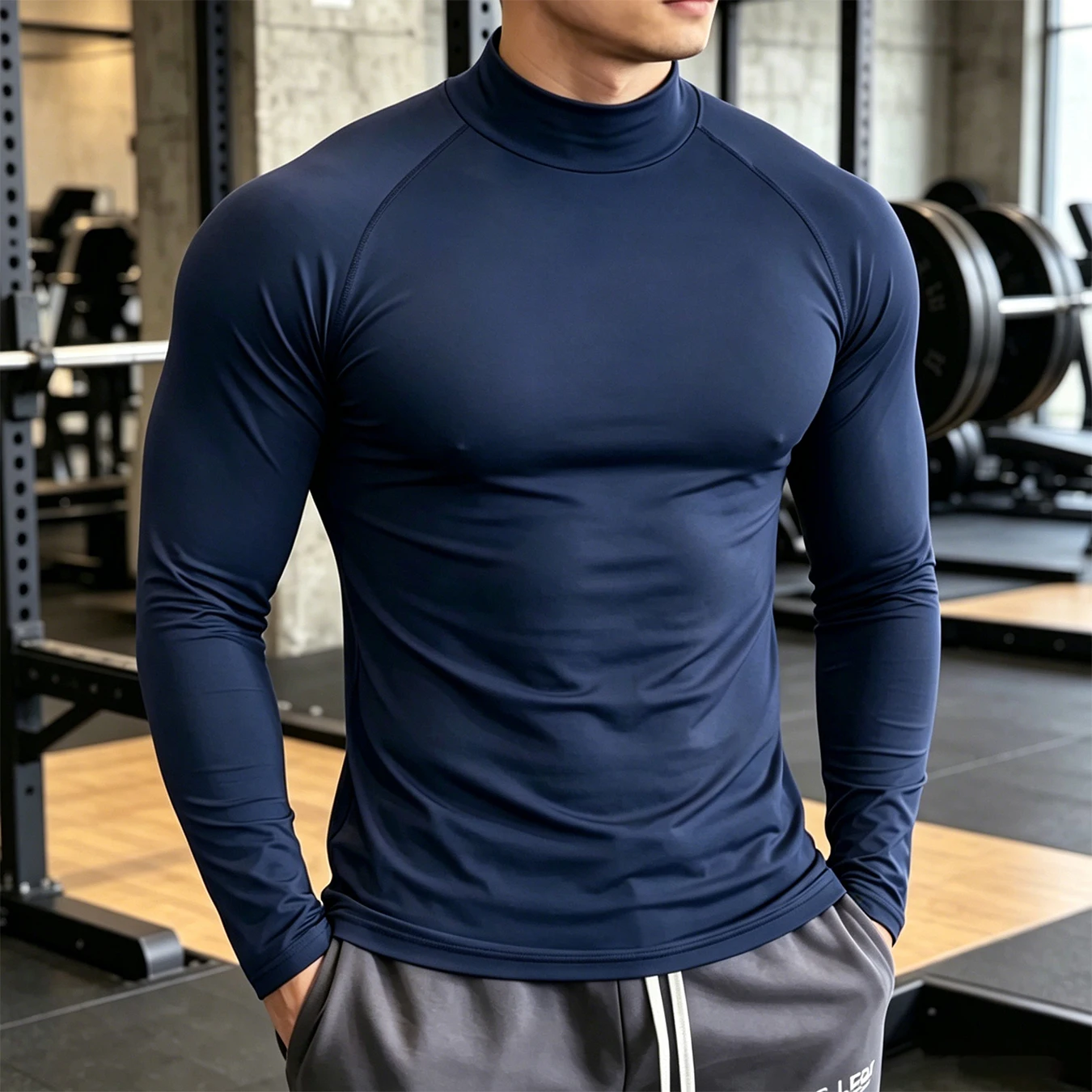 Herren Raglan Mock Neck Kompressions-Langarmshirts 4-Wege-Stretch Schnelltrocknend Gym Fahrrad Klettern Sport Baselayer Unterhemden