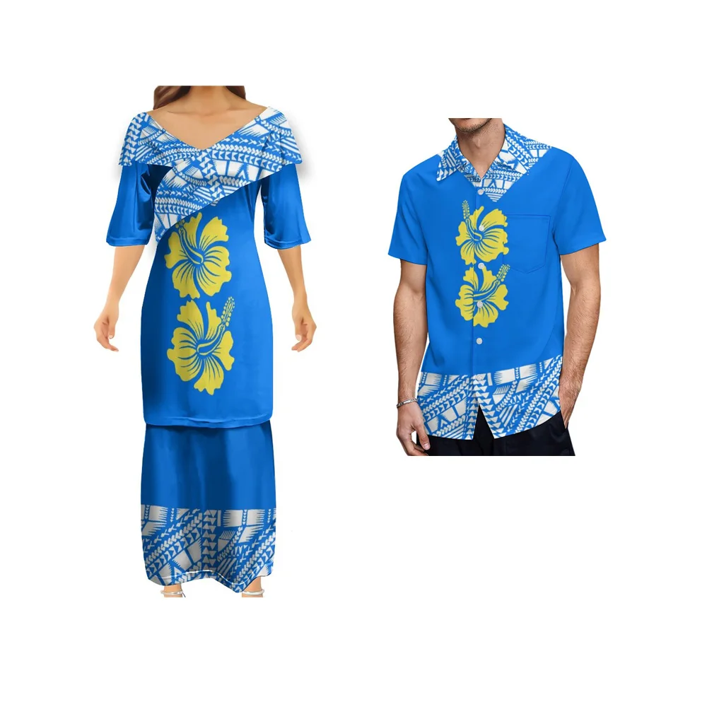 2022 Summer Blue Design V-neck Puletasi Polynesian Samoan Traditional Tribal Printing Clothing Uniform Women Couples Dress