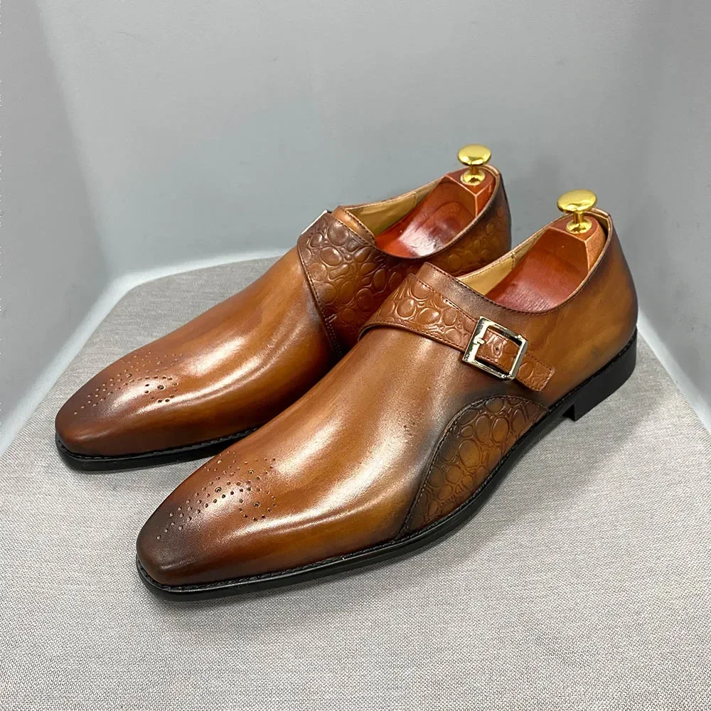Luxury Genuine Calf Leather Monk Strap Wedding Dress Shoes for Men Alligator Print Handmade Business Office Formal Shoes