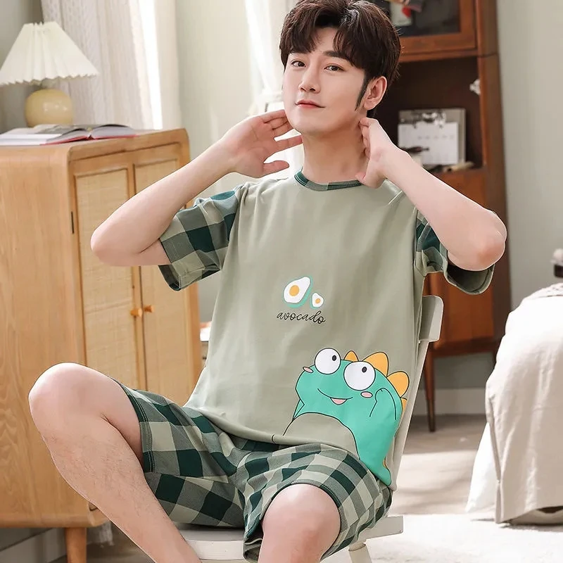 Mens Pajamas Set 2 Pieces Home Clothes Short Sleeve Loungewear Anime Hombre Pijama Young Boys Sleepwear Home Nightgown 4XL