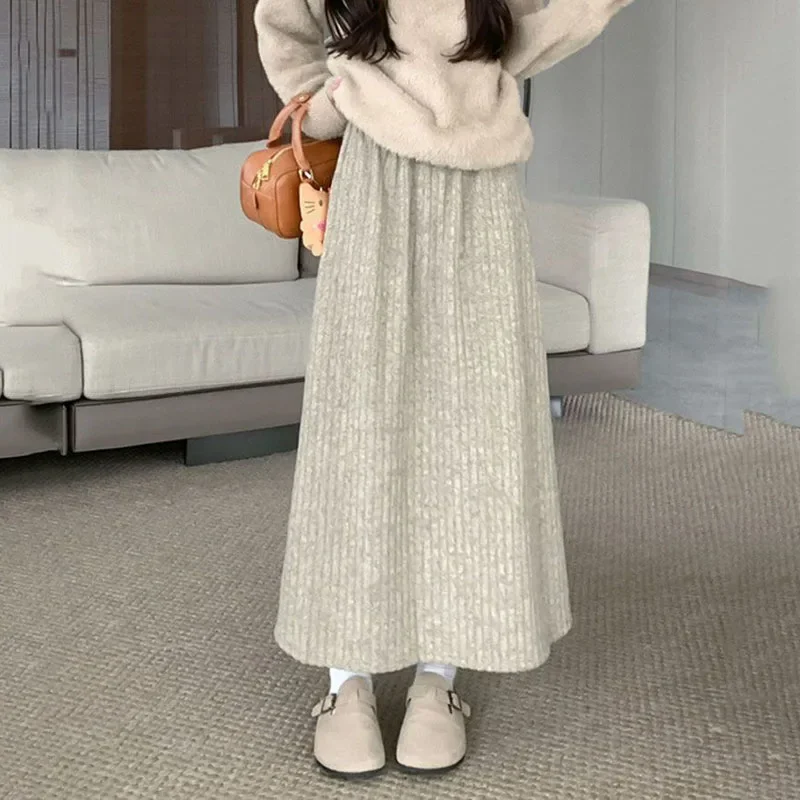 Smvp 2024 Autumn Winter New Thicken Plush A-line Skirts Wowen Solid Casual High Waisted Long Skirt Ladies Lazy Style Midi Skirts 4