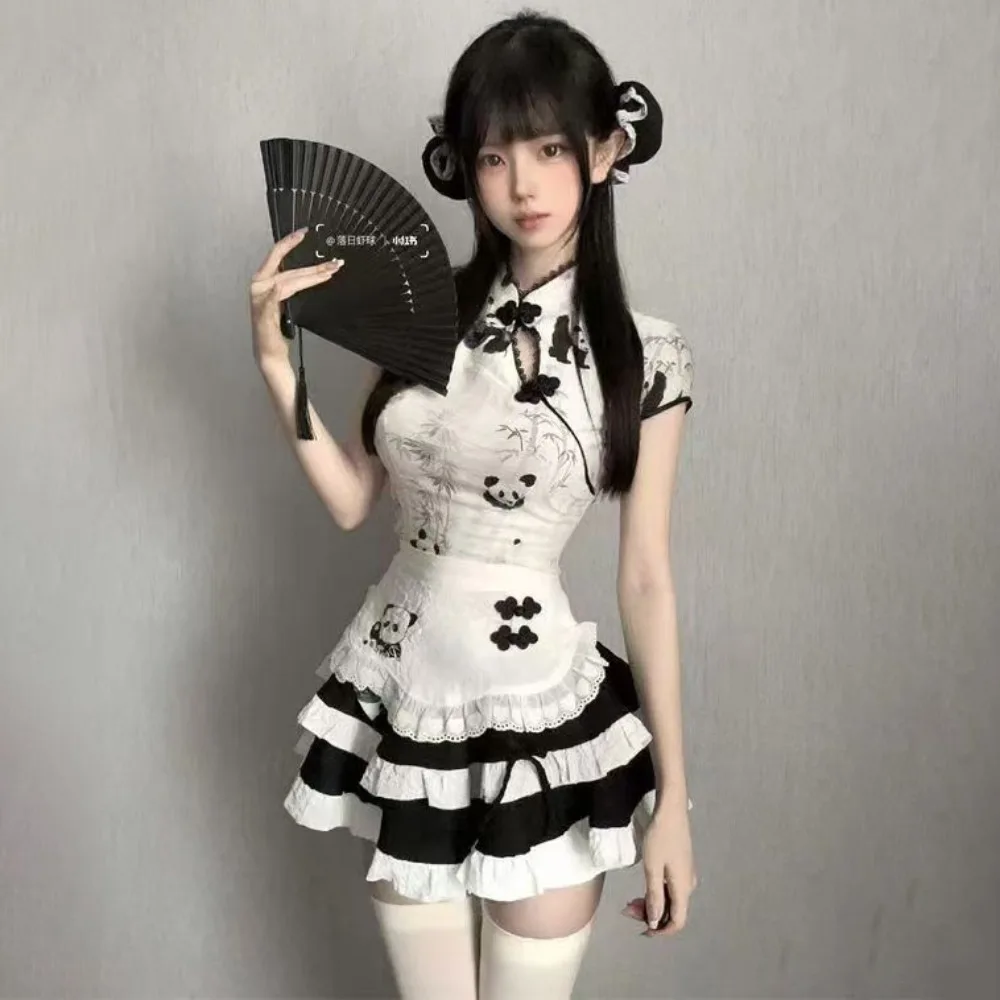 Chinese Lolita Dress Vintage Sweet Kawaii Assymmetrical Qipao Top + Ruffles Skirt + White Apron Cute Lolita Style Clothing