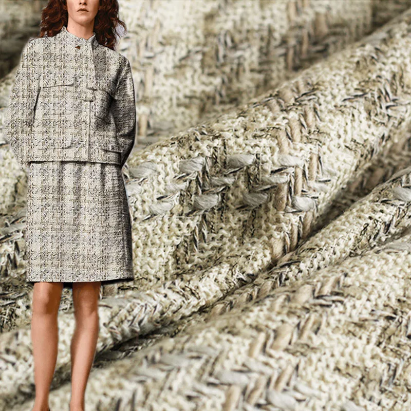 50x145cm Beige Lattice Wool Yarn-Dyed Braided Tweed Fabric For Women Autumn Jacket Dress Suits Coat Handbag DIY Cloth Sewing