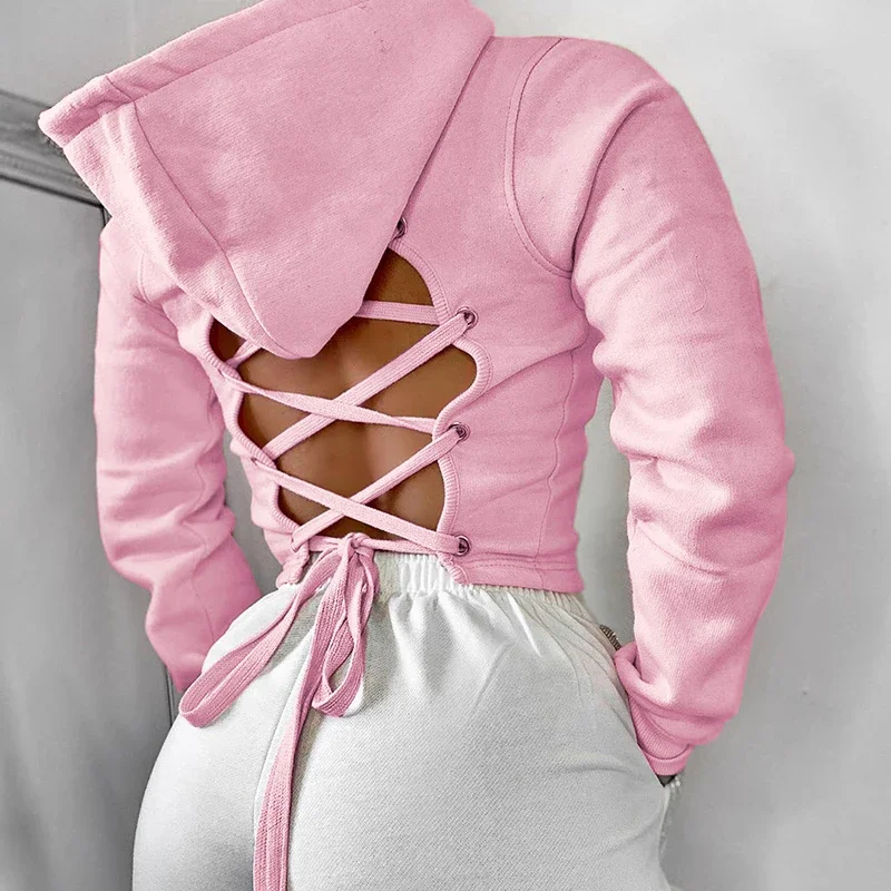2023 Sexy Cross Bandage Tie Up Backless Sweatshirt Women Autumn Long Sleeve Harajuku Pink Pullover Black Hoodie Tops Crop Tops