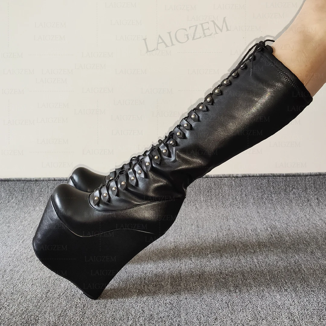 LAIGZEM 여성용 무릎 높이 부츠 플랫폼 웨지, 20cm 하이힐, 레이스업 키 부츠, 신장 증가 신발, 여성 빅 사이즈 43 45 48