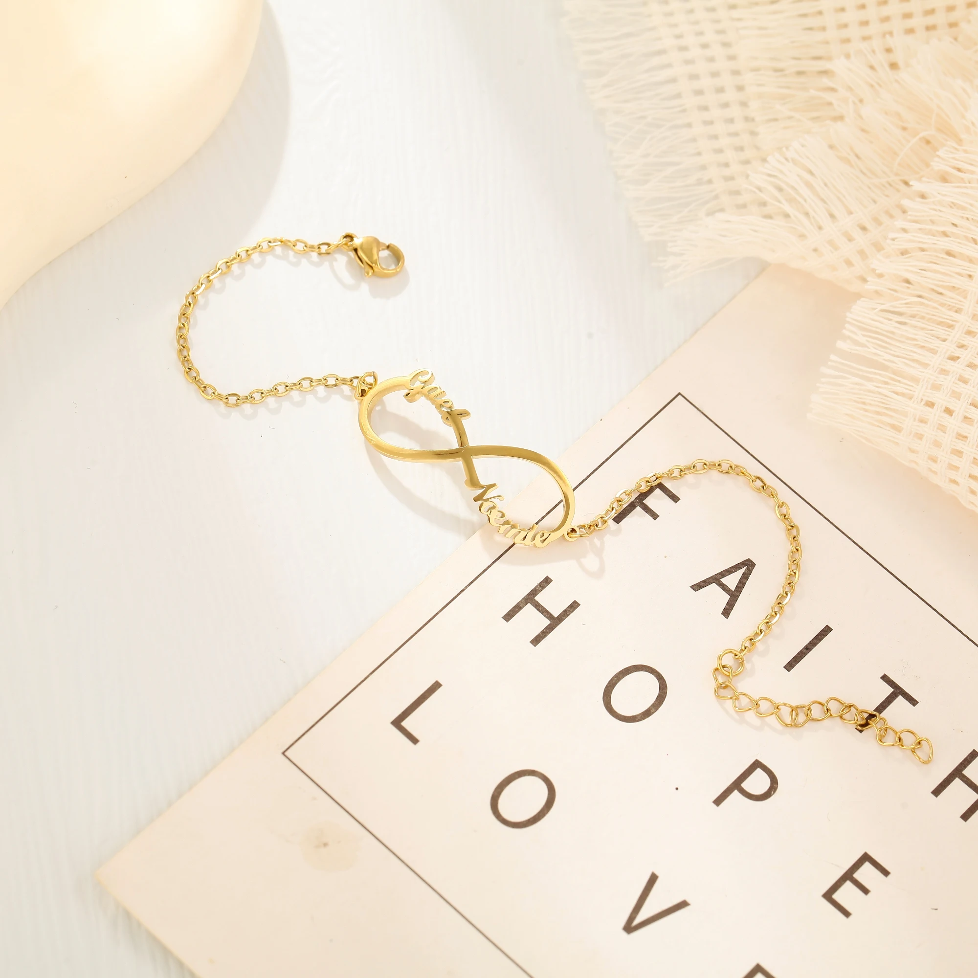 Customized Two Names Infinite Loop Bracelet for Women Personalized Name Gold Color Stainless Steel Bracelets Party Wedding Gift