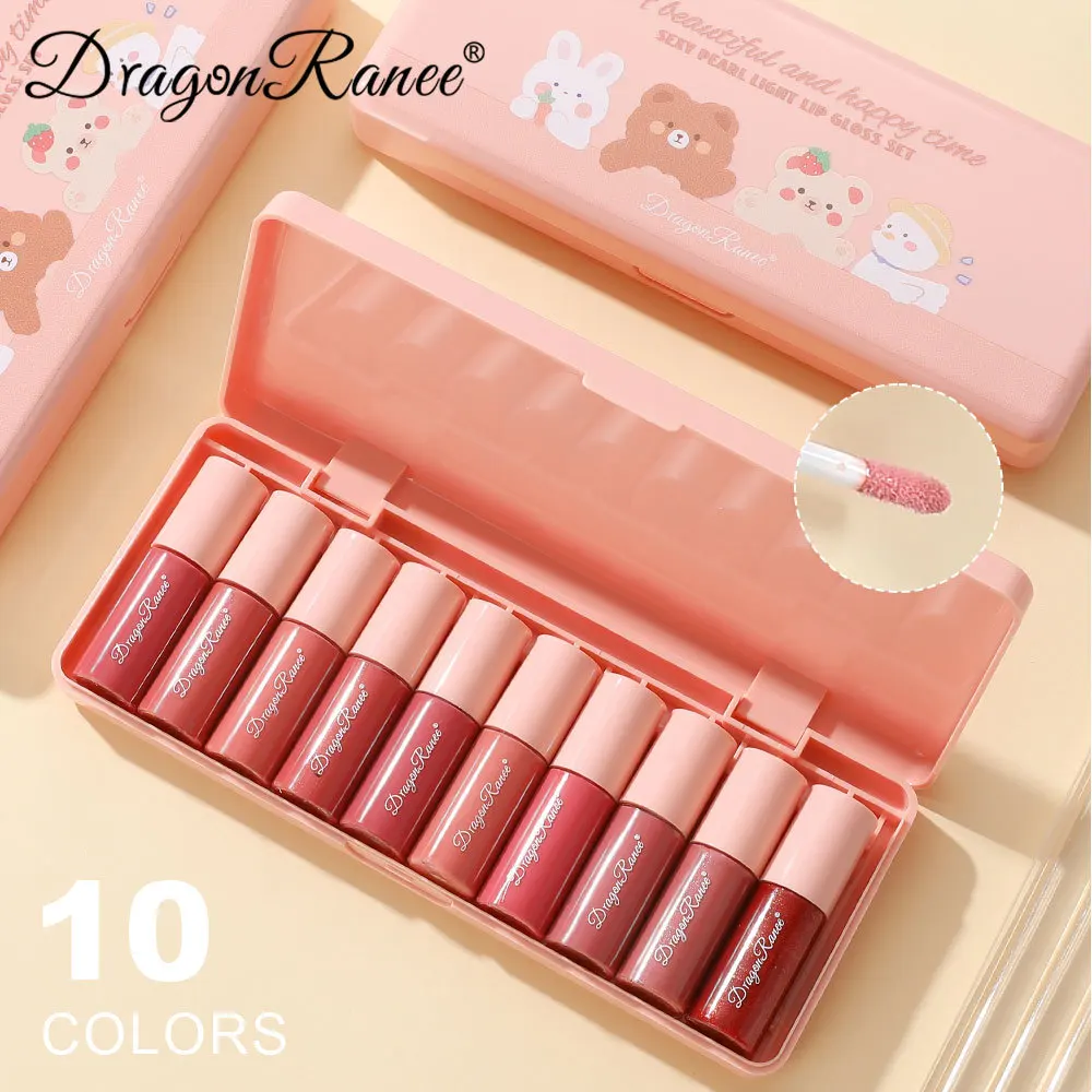 Lip Gloss Mini 10 Colors Cartoon Moisturizing Lip Glaze Set Box Waterproof Non-stick Long Lasting Mirror Sample Lipstick Female