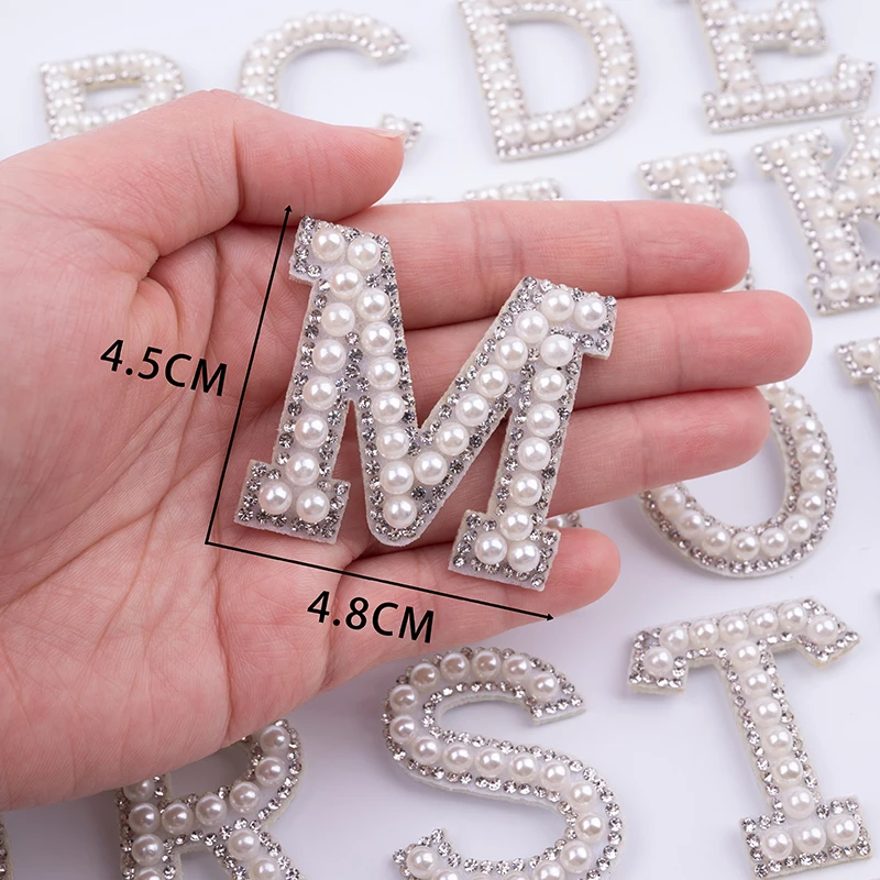 Rhinestone Letter Patches A-Z Black English Alphabet White Pearl Iron-on Applique For Clothes Letter Bags Badge DIY Name