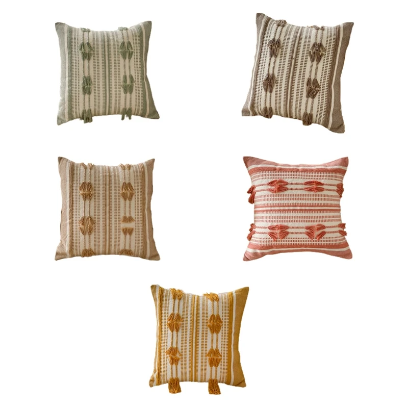 

Boho Throw Pillow Cover with Tassels Striped Cable Decorative Pillowcase Cushion Cover for Bed Sofa Couch Home Decor